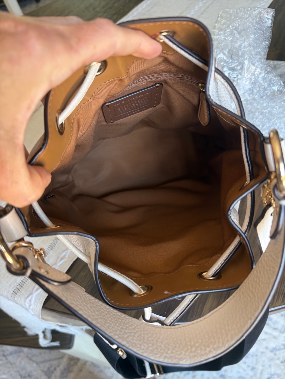 Coach Dempsey Pebbled Leather Drawstring Bucket Bag with Black Strap - Picture 5 of 10